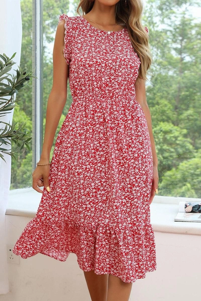 SLEEVELESS LACED ROUND NECK FLORAL PRINTED DRESS Comfy Design Travel Vibe