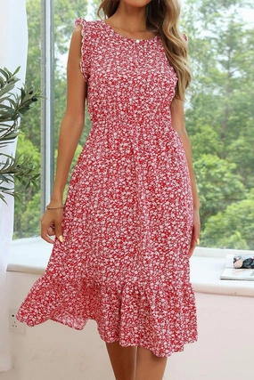 SLEEVELESS LACED ROUND NECK FLORAL PRINTED DRESS Comfy Design Travel Vibe
