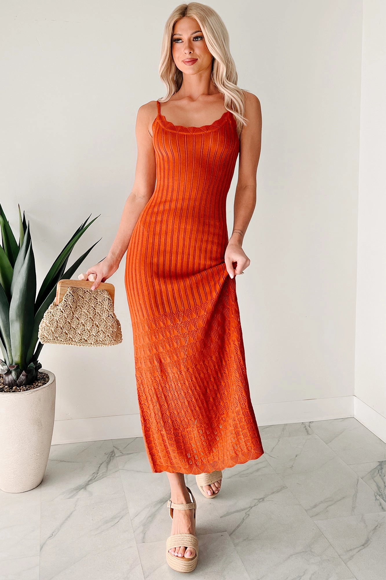 Flowy Dreams Sleeveless Crochet Maxi Dress (Burnt Orange) Farm Air Smooth Line
