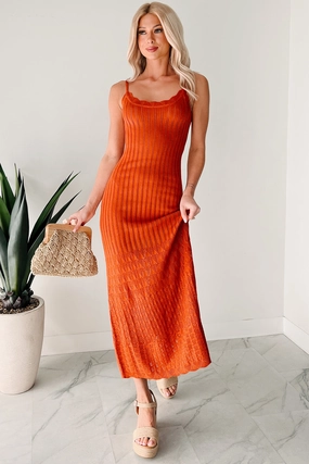 All Inclusive Flowy Dreams Sleeveless Crochet Maxi Dress (Burnt Orange)