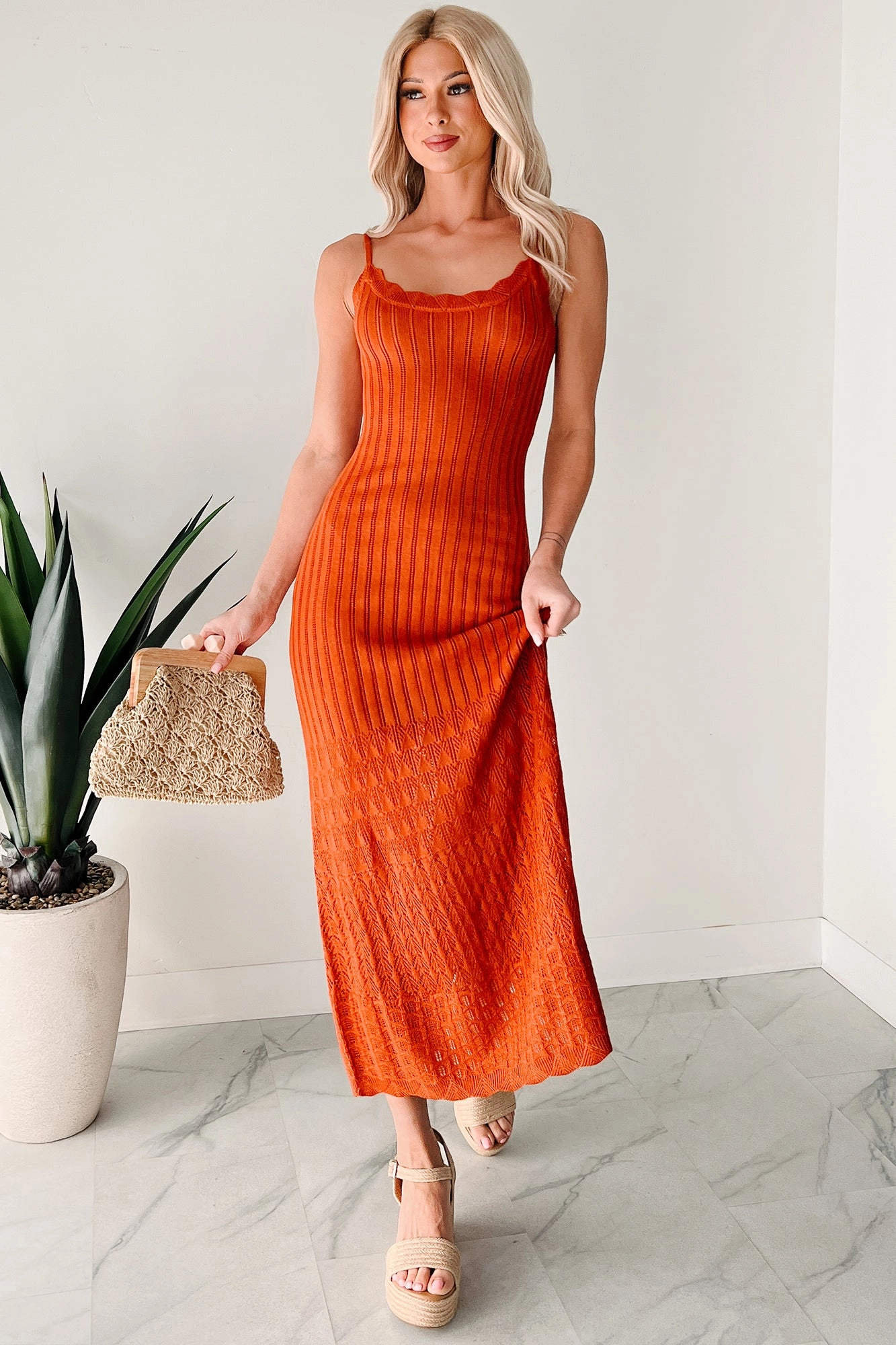 Artisanal-Detail Flowy Dreams Sleeveless Crochet Maxi Dress (Burnt Orange)