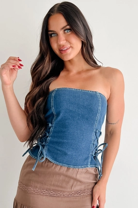 Lightweight Weave Material Lipstick & Lethal Strapless Lace-Up Top (Denim)