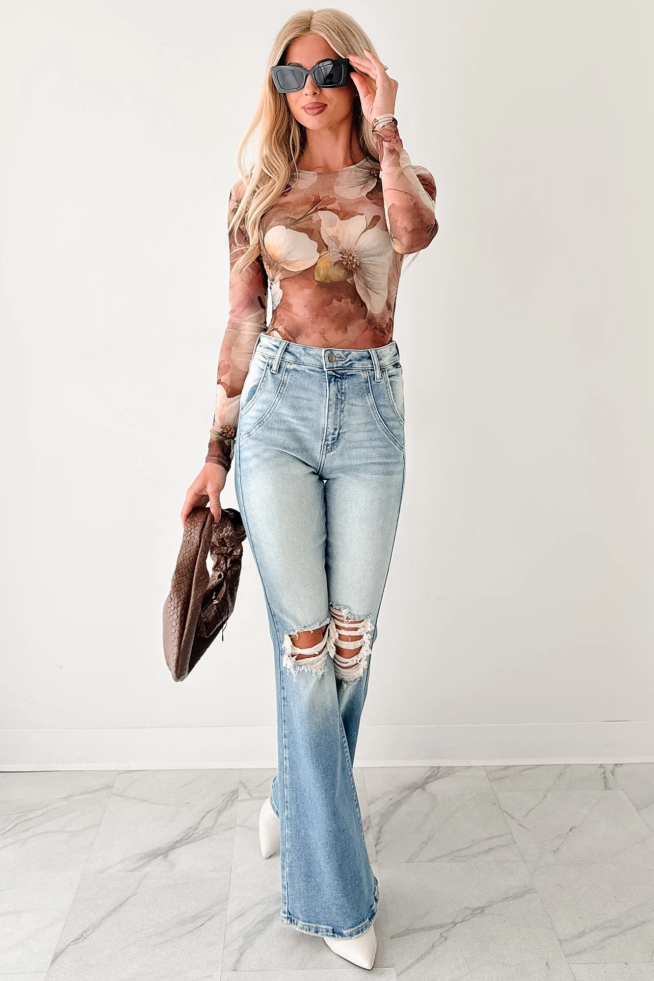 Lipstick Logic Floral Mesh Bodysuit (Taupe/Multi) Cozy Sweater DoubleLayered Neckline