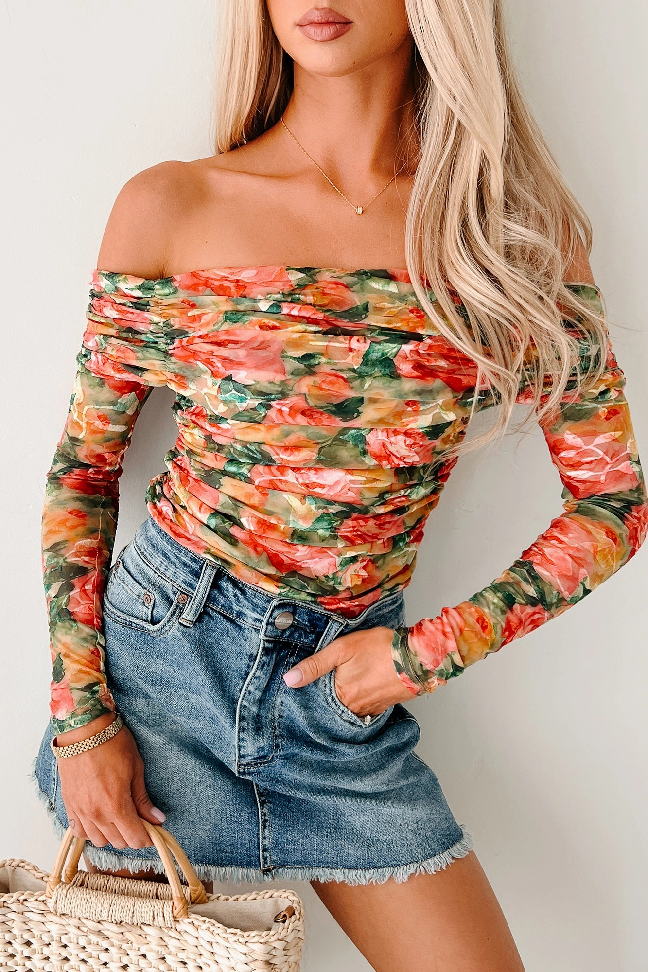 Live In Color Off The Shoulder Floral Top (Multi) Relaxed Crew Neck Opening