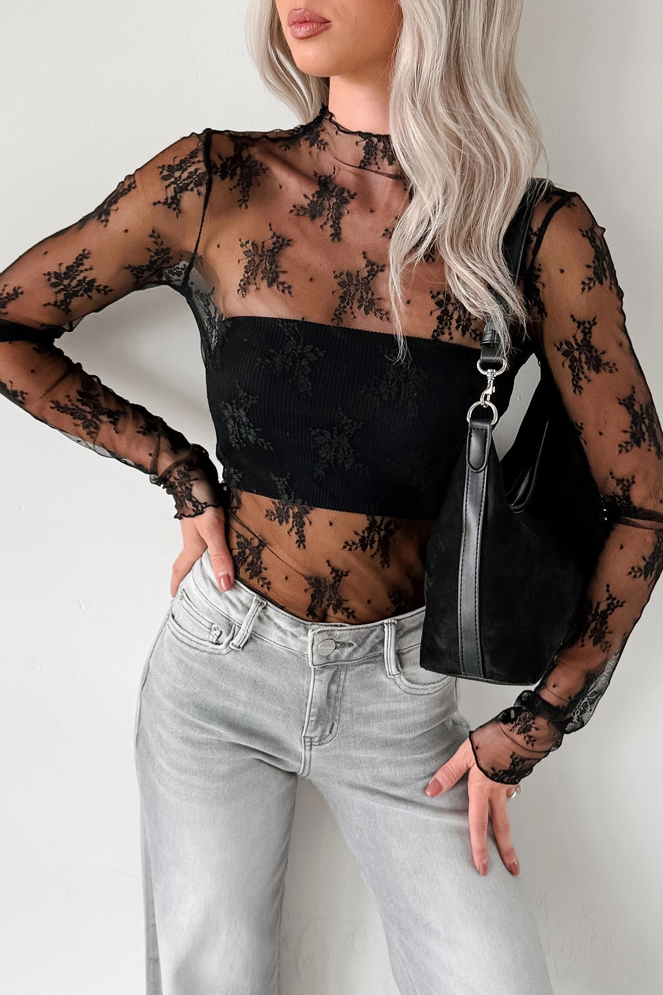 Living For The Likes Lace Long Sleeve Top (Black) LightweightLayeringSystem