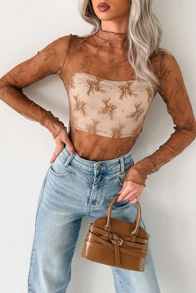 Living For The Likes Lace Long Sleeve Top (Mocha) Durable Reinforced Elbow Patches Hidden Storage Pocket