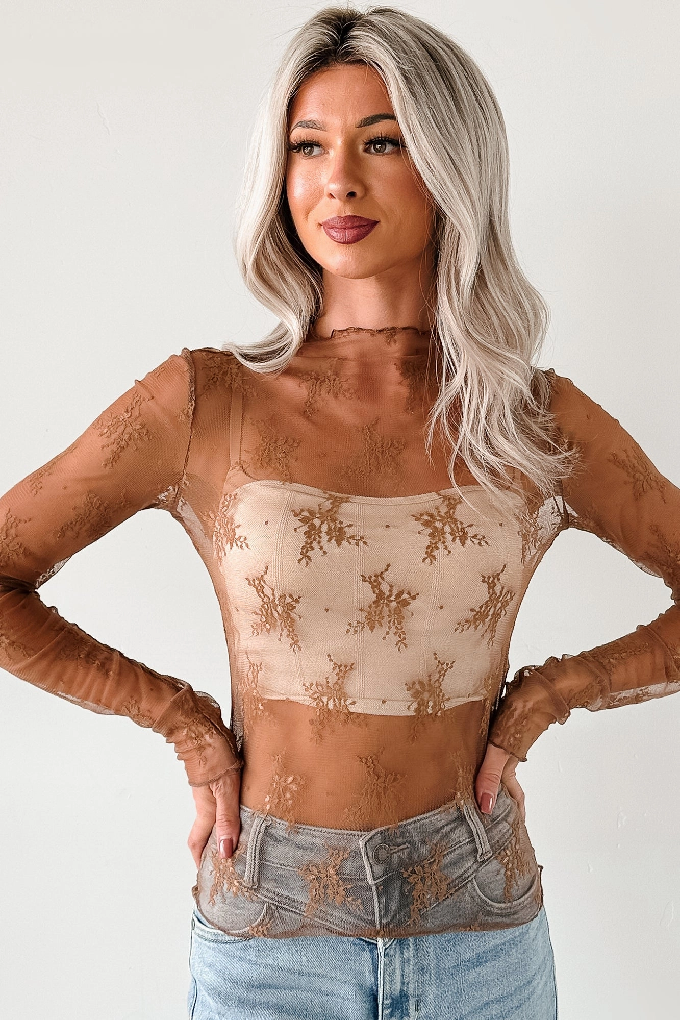 LayeredDurability Relaxed Design Living For The Likes Lace Long Sleeve Top (Mocha)