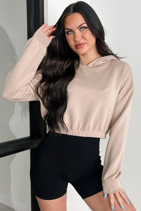 Living In Peace Cropped Hoodie (Taupe) LowMaintenance Fabric Sustainable Material Blend