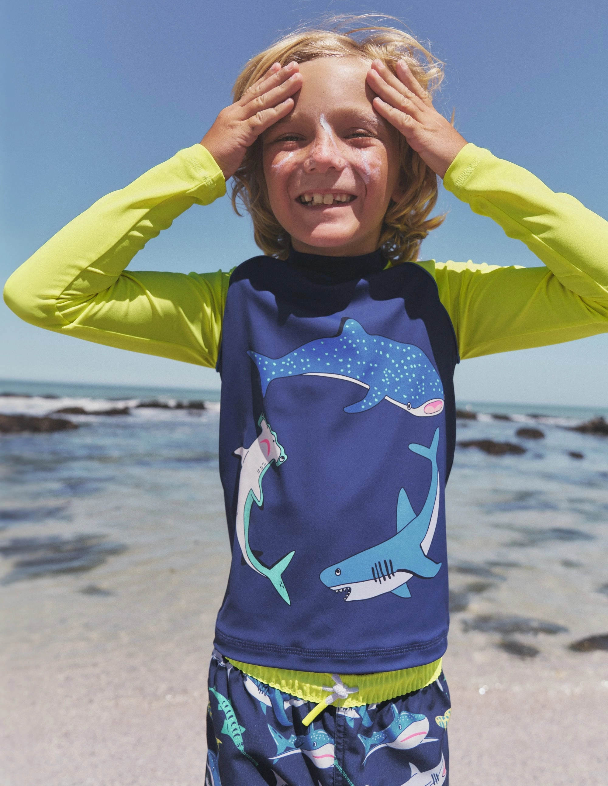 Four Way Stretch Material Contrast-Trim Logo Rash Vest-Sapphire Blue Sharks