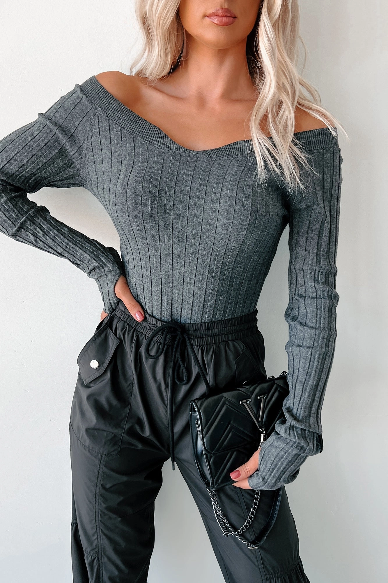 London Landscape Off Shoulder Bodysuit (Charcoal) Stylish Dress