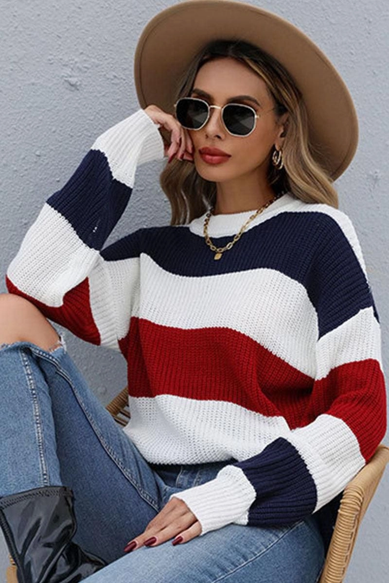 LONG SLEEVE BIG STRIPE ROUND NECK SWEATER QuickDry Performance