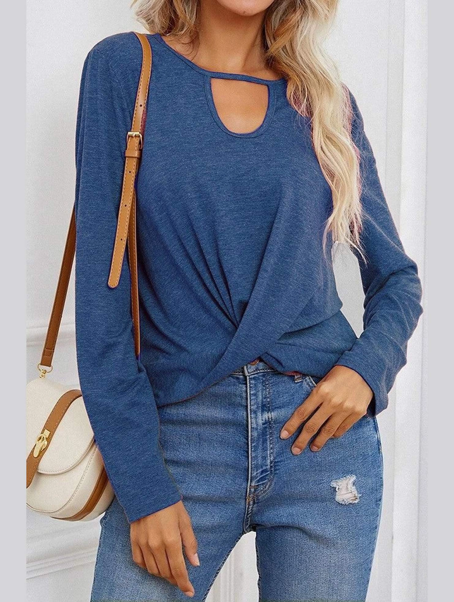 Long Sleeve Key Hole Neck Twisted Hem Casual Top LowMaintenance Fabric
