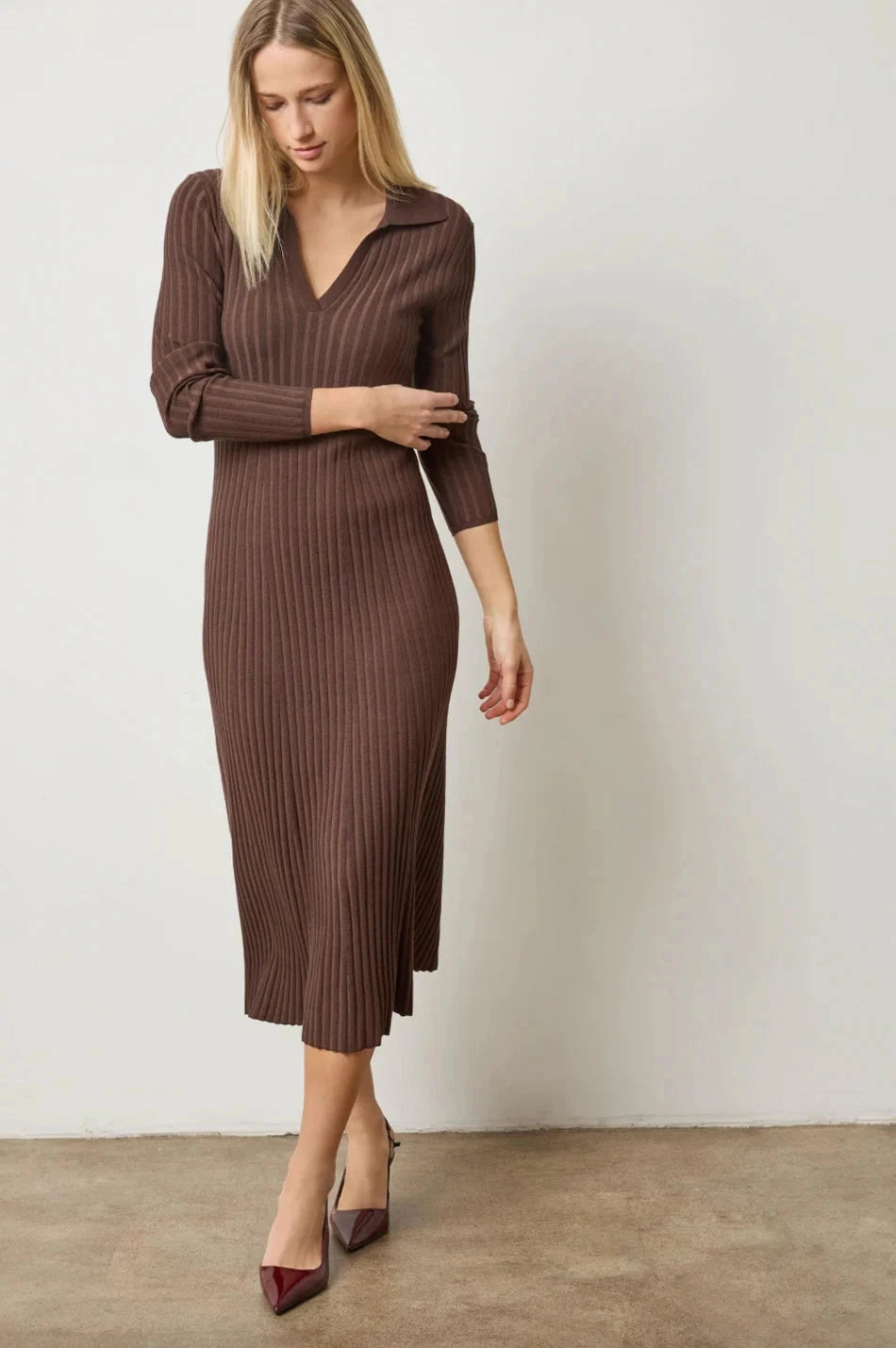 Travel Fit Long Sleeve Rib Henley Dress Mink