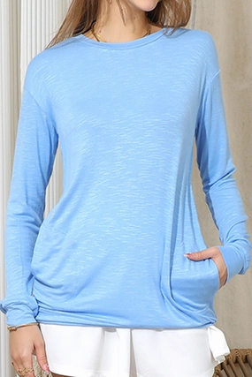 Fashionable Style LONG SLEEVE ROUND NECK BASIC TUNIC TOP WITH POCKET