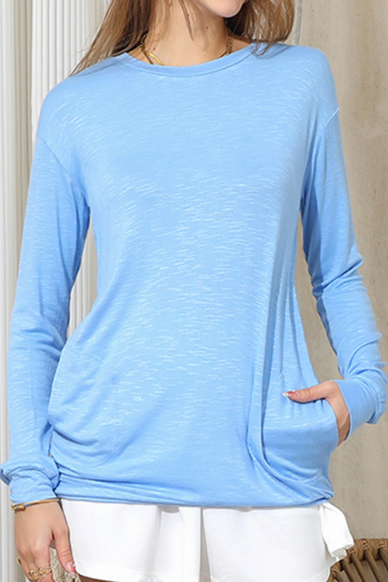 Fashionable Style LONG SLEEVE ROUND NECK BASIC TUNIC TOP WITH POCKET