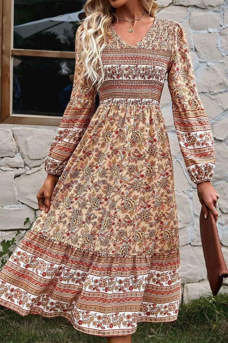LONG SLEEVE SMOKED BOHEMIAN FLARE DRESS Button-Cuff