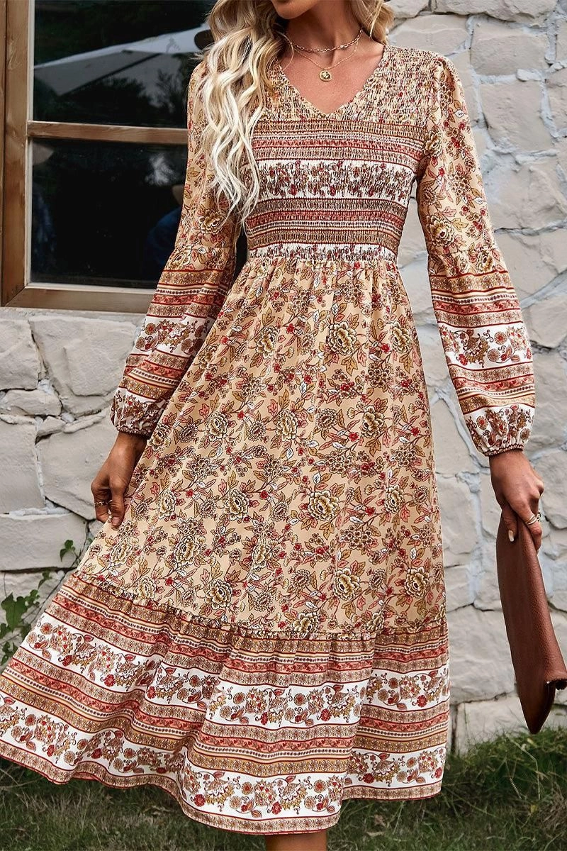 Tiered Skirt LONG SLEEVE SMOKED BOHEMIAN FLARE DRESS