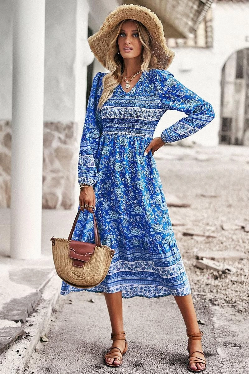 Flexible Design LONG SLEEVE SMOKED BOHEMIAN FLARE DRESS
