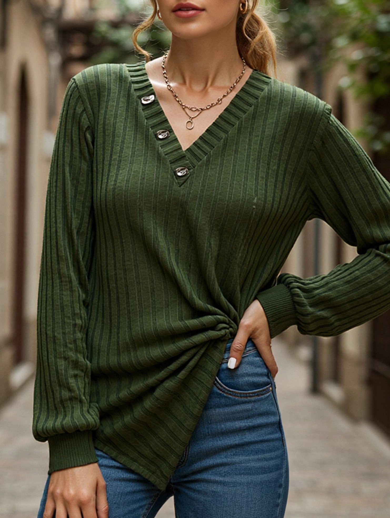 Textured Fabric Finish LONG SLEEVE SOLID COLOR SWEATER V-NECK TEXTURE