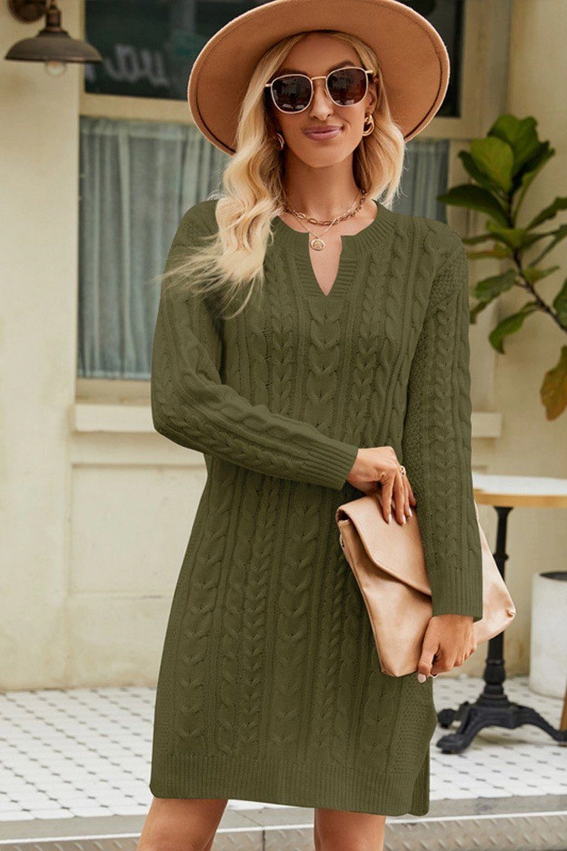 LONG SLEEVE V NECK TWO SIDE SLIT SWEATER DRESS Comfy Style