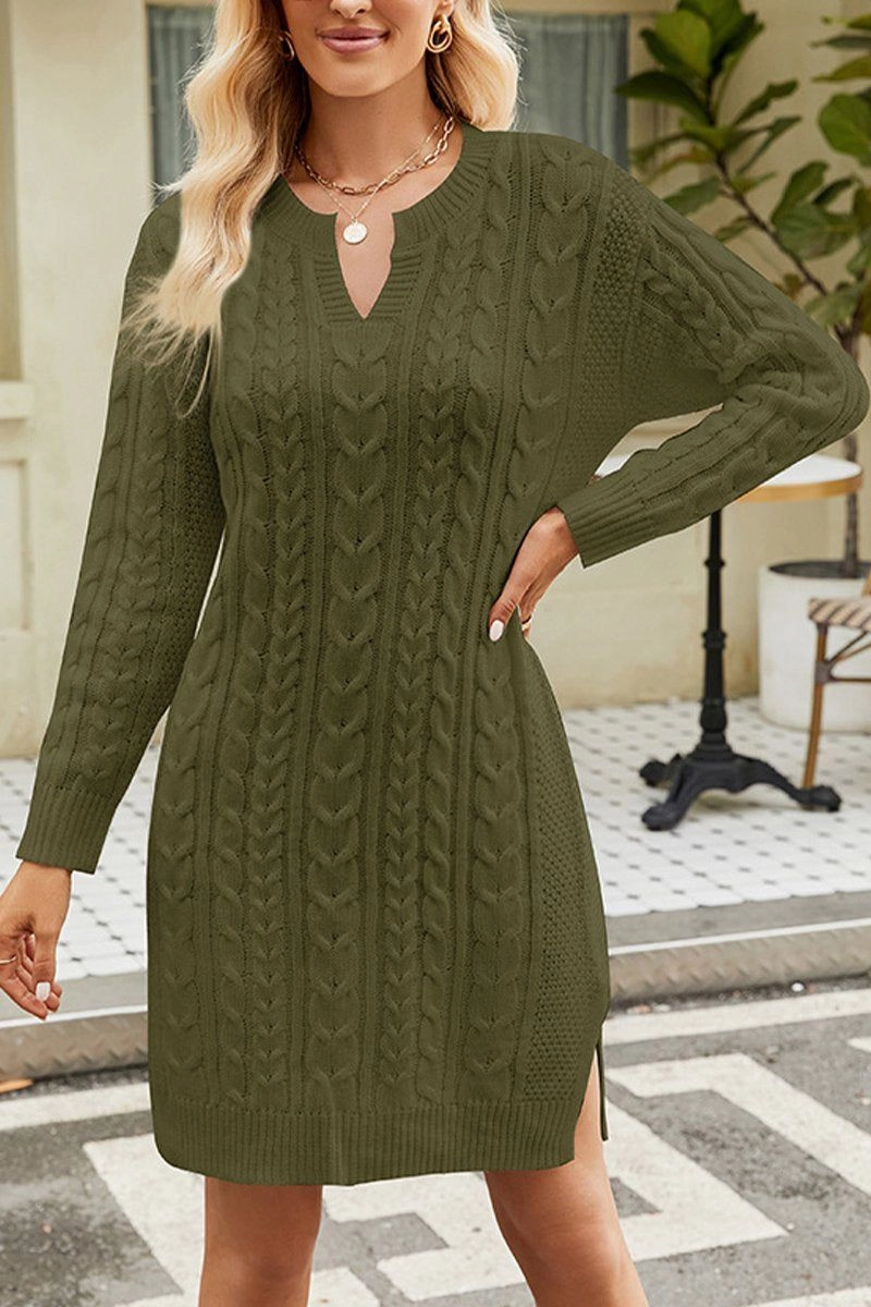 Trendy midi dress Light and Breezy LONG SLEEVE V NECK TWO SIDE SLIT SWEATER DRESS