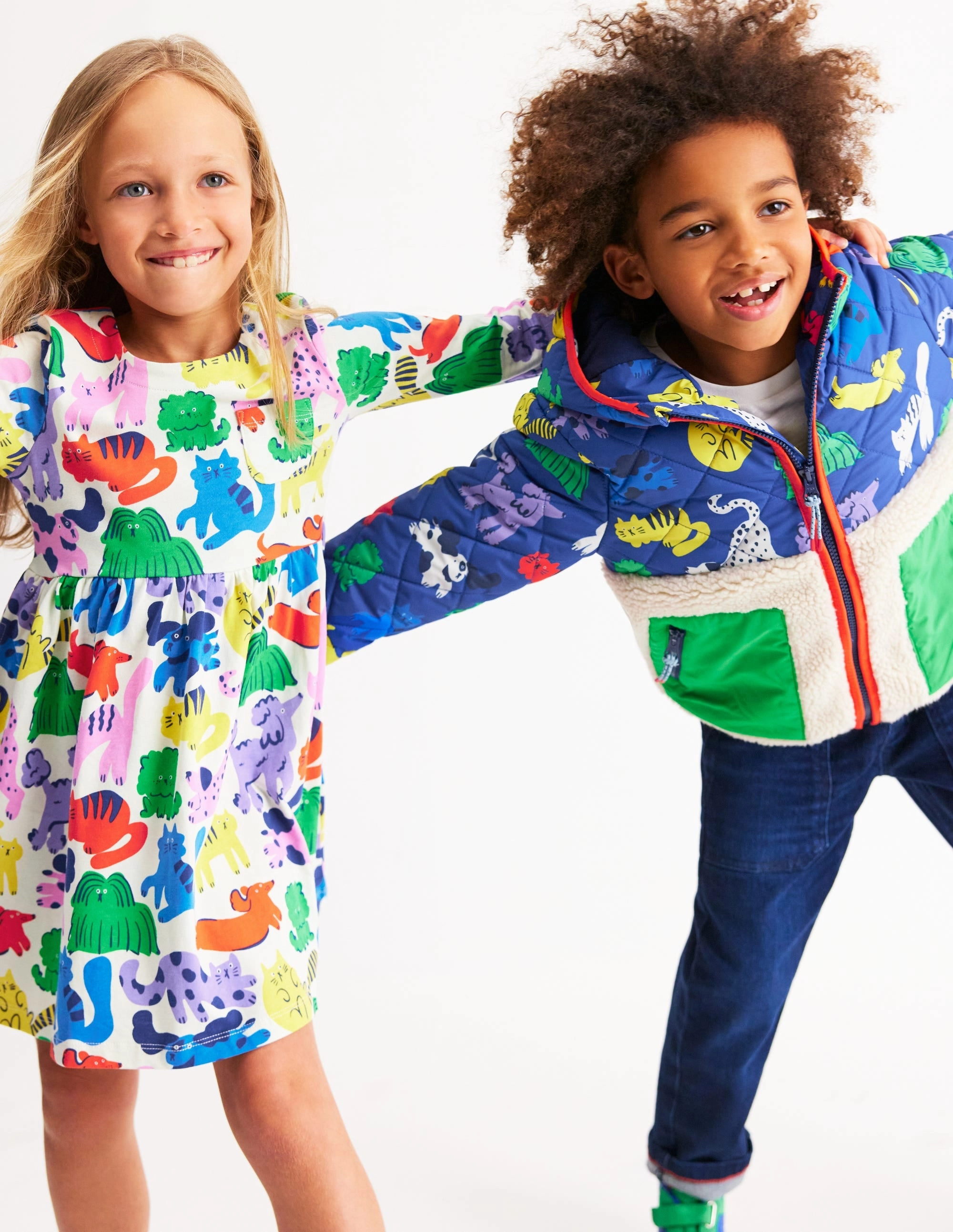 Long-Sleeved Fun Jersey Dress-Multi Oatmeal Rainbow Pets Stream Cut