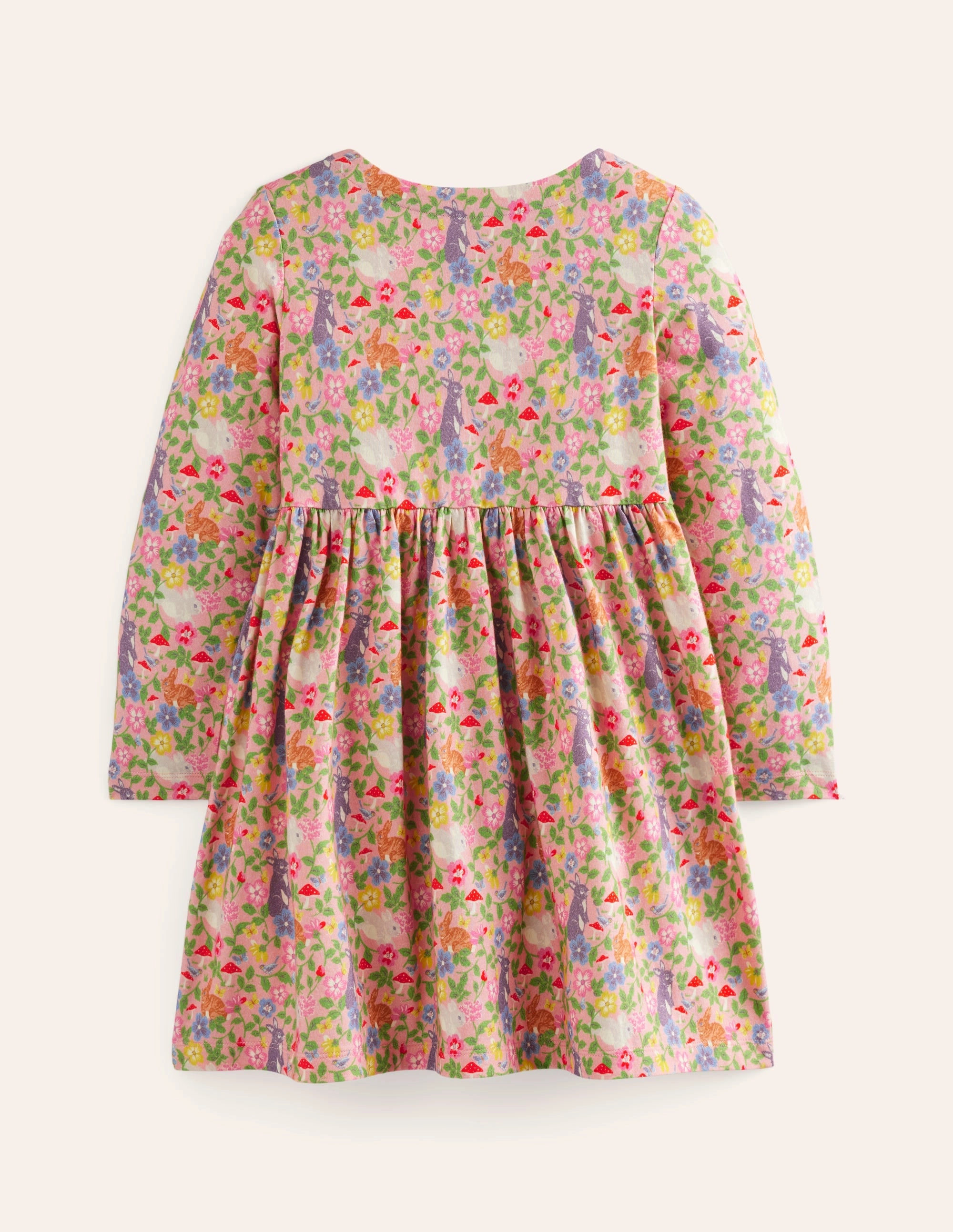 Long-Sleeved Fun Jersey Dress-Vintage Pink Bunny Field Stretch-Recovery Summer Staple