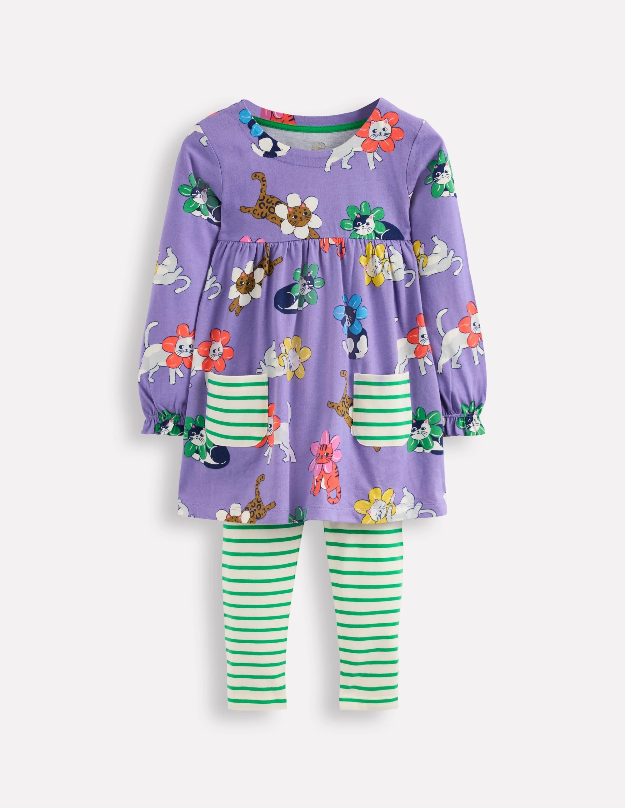 SublimatedPrint Stretchable Waistband Long-sleeved print tunic set-Aster Purple Flower Cats