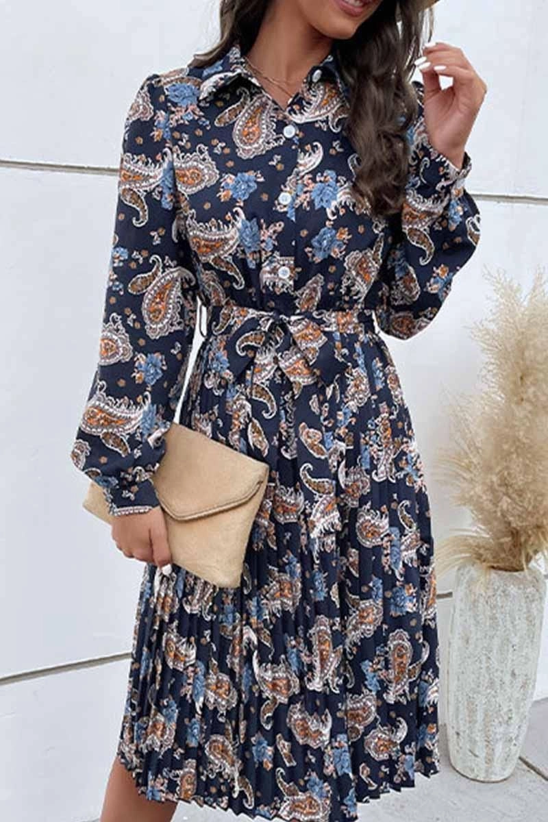 LONG SLEEVED PRINTED LAPEL PLEATED DRESS Silky-Feel Unique Print
