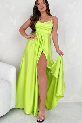 Euro Touch Satin-Edge Look At The Bright Side Rhinestone Strap Maxi Dress (Lime)