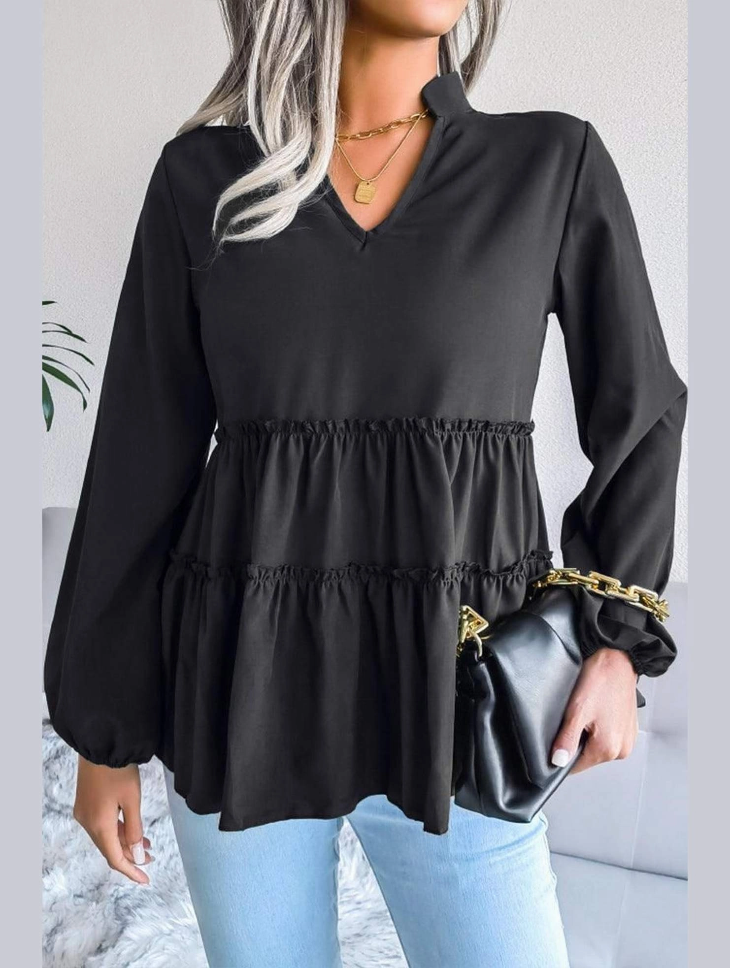 Stretch Fit LANTERN LONG SLEEVE RUFFLED CHIFFON TUNIC TOP