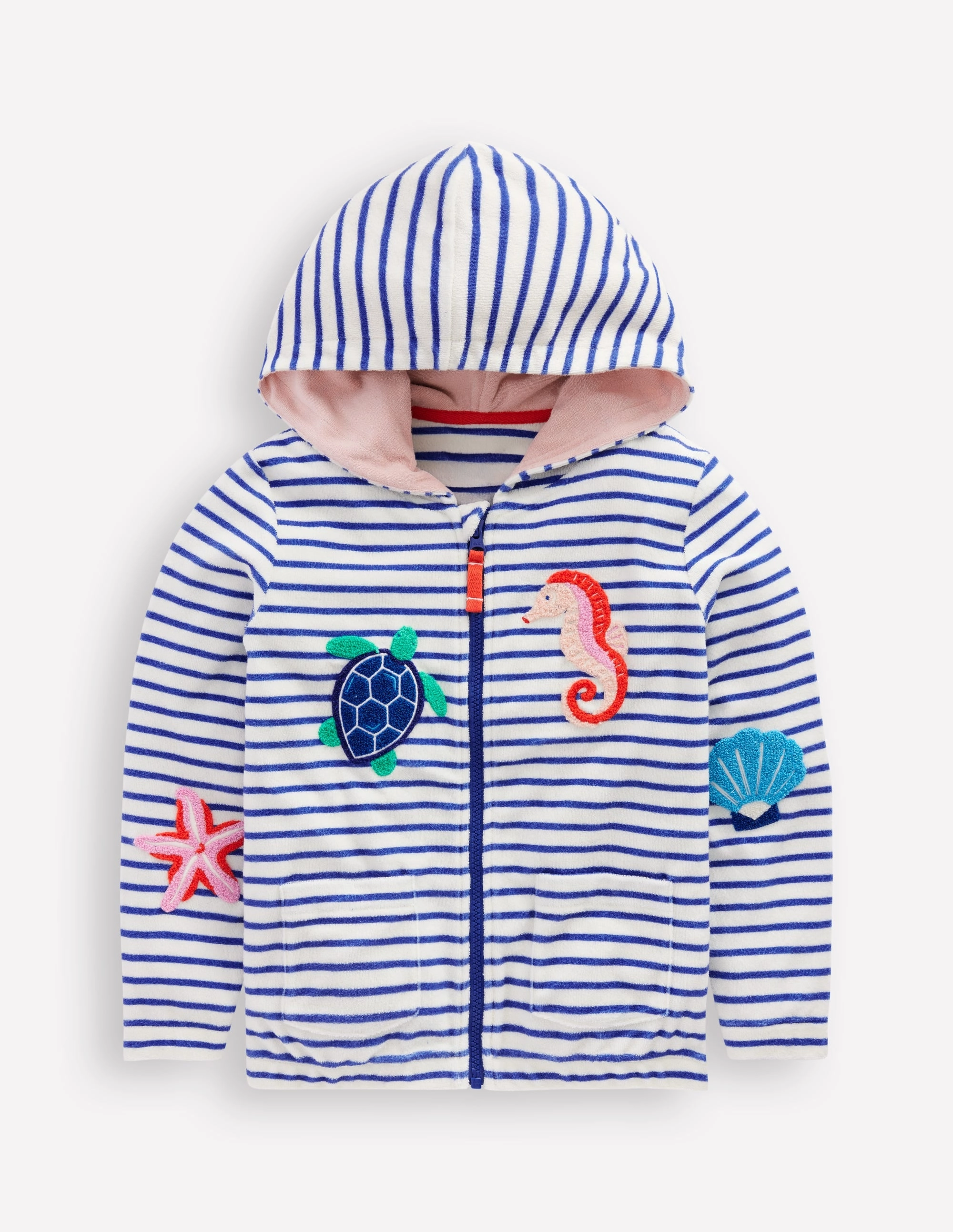 Zip-Through Towelling Hoodie-Ivory/Bright Blue Sea Stripe Long Sleeve Polo
