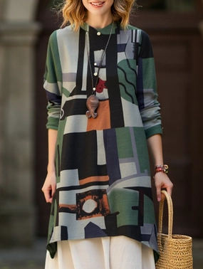 Loose casual bohemian mid-length shirt Office Attire Non Closure Collar