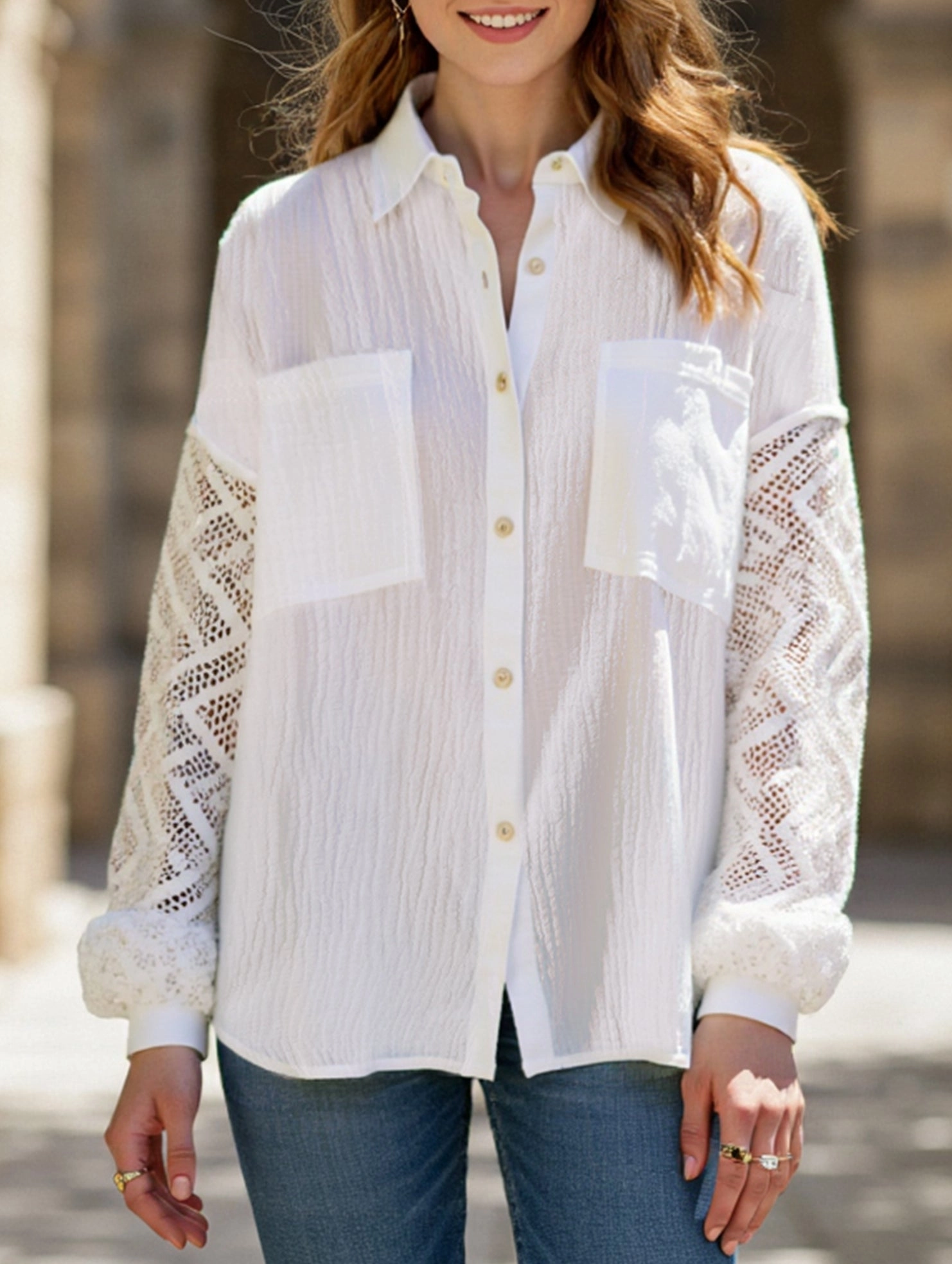 All Over Print Technique Loose lace panel long-sleeved cardigan