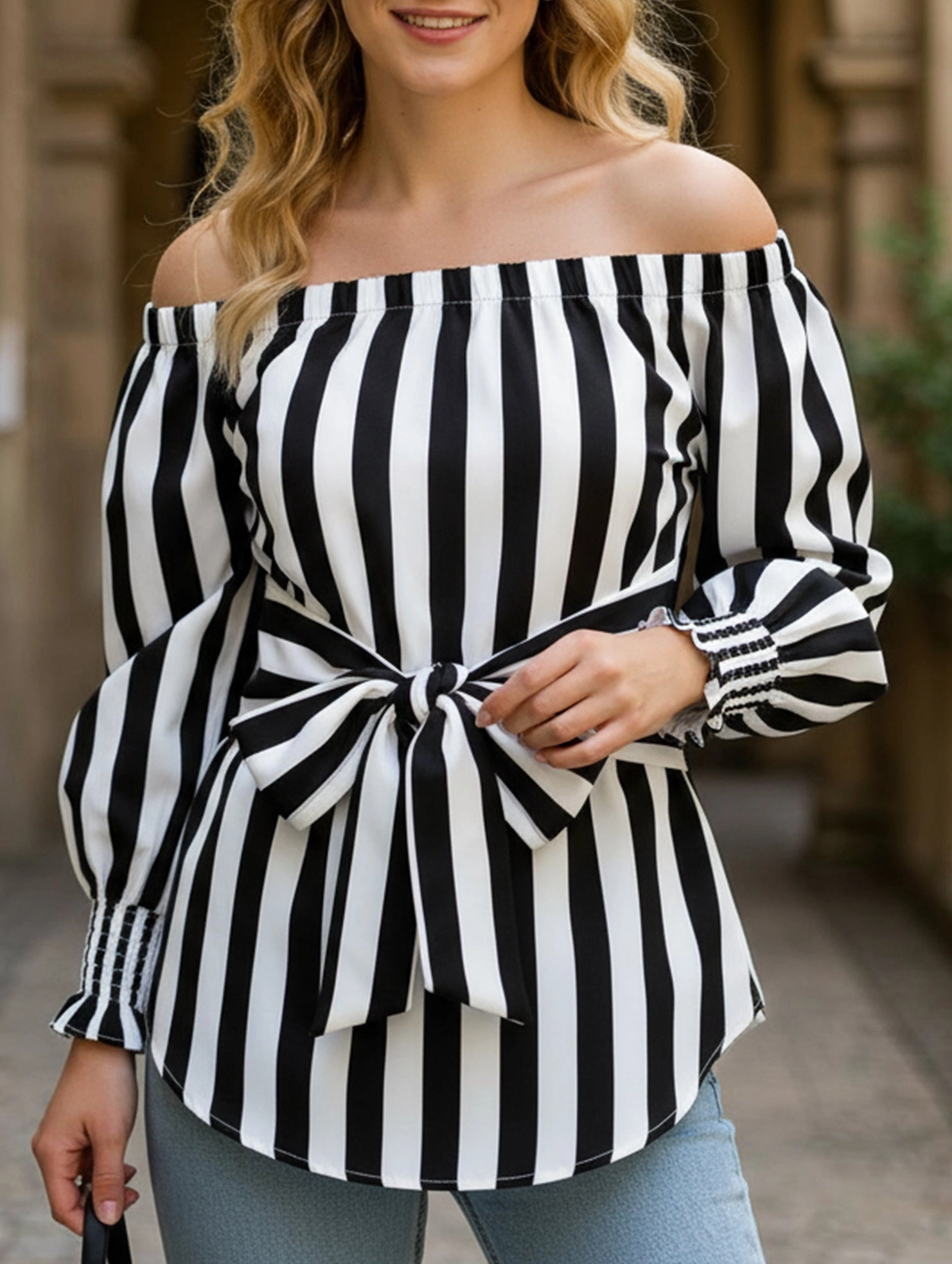 Sun Protective Fabric StretchFit Loose off-the-shoulder asymmetrical striped shirt