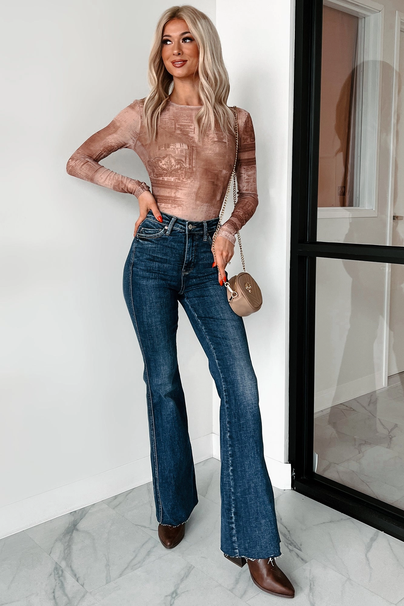 Lost In Time Printed Mesh Bodysuit (Brown) StainRepellentCoating Active Tee