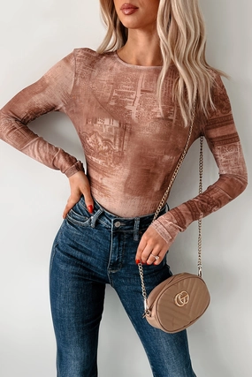 Lost In Time Printed Mesh Bodysuit (Brown) AntiSnagYarnProcessing TactileWeave