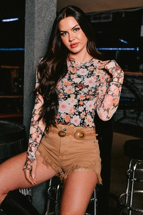 Love In Bloom Floral Mesh Long Sleeve Top (Black/Multi) EcoFriendly Manufacturing Sustainable Textile