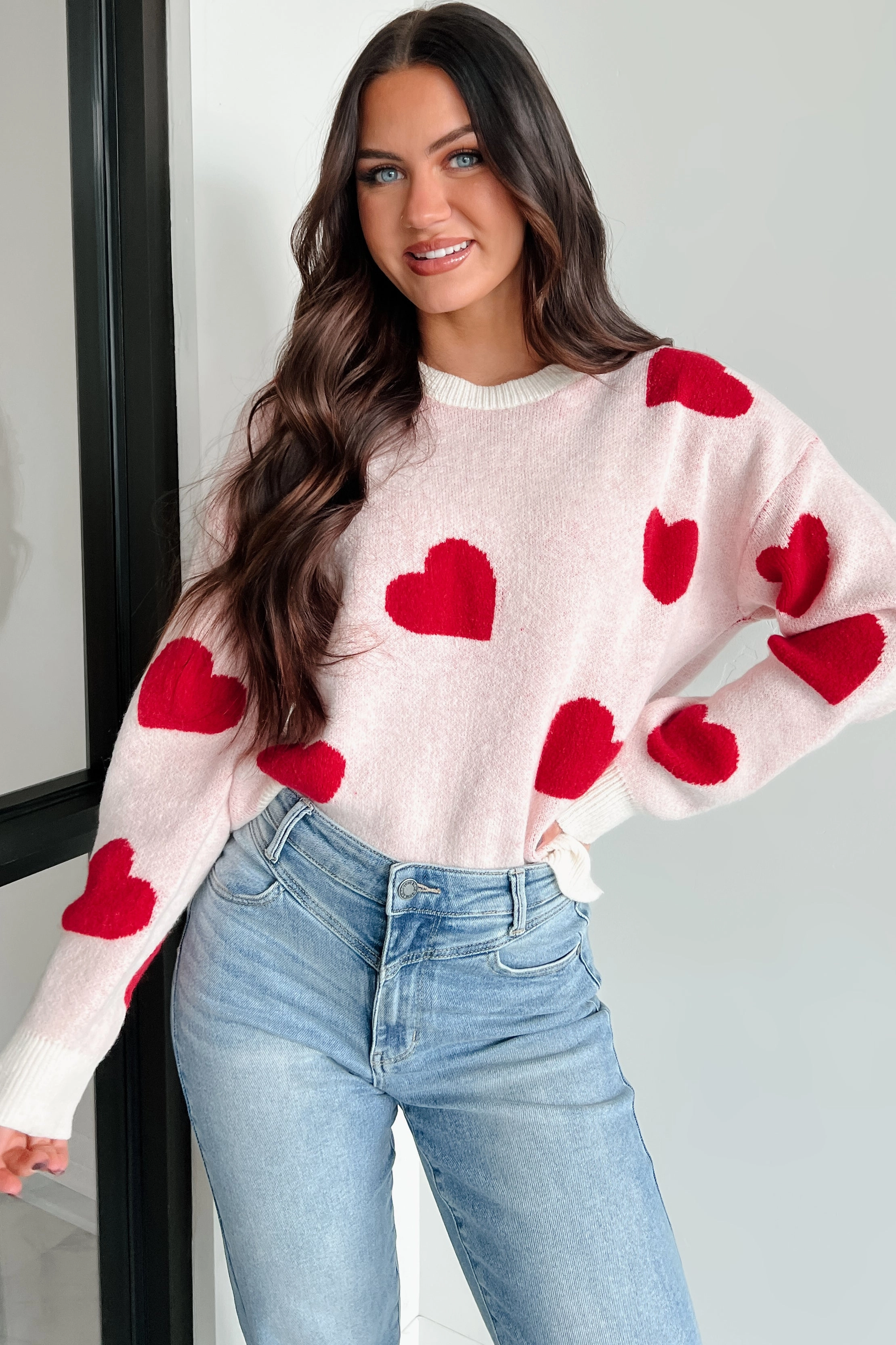 StaticResistantFabric PunctureResistantReinforcement Love Knows All Heart Print Sweater (Cream/Red)