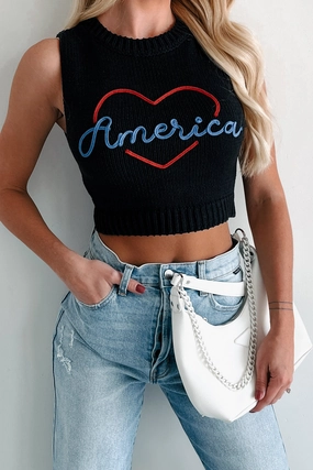 Love My Country Sweater Knit Tank Top (Black) FrayResistant Fabric Adjustable Collar System