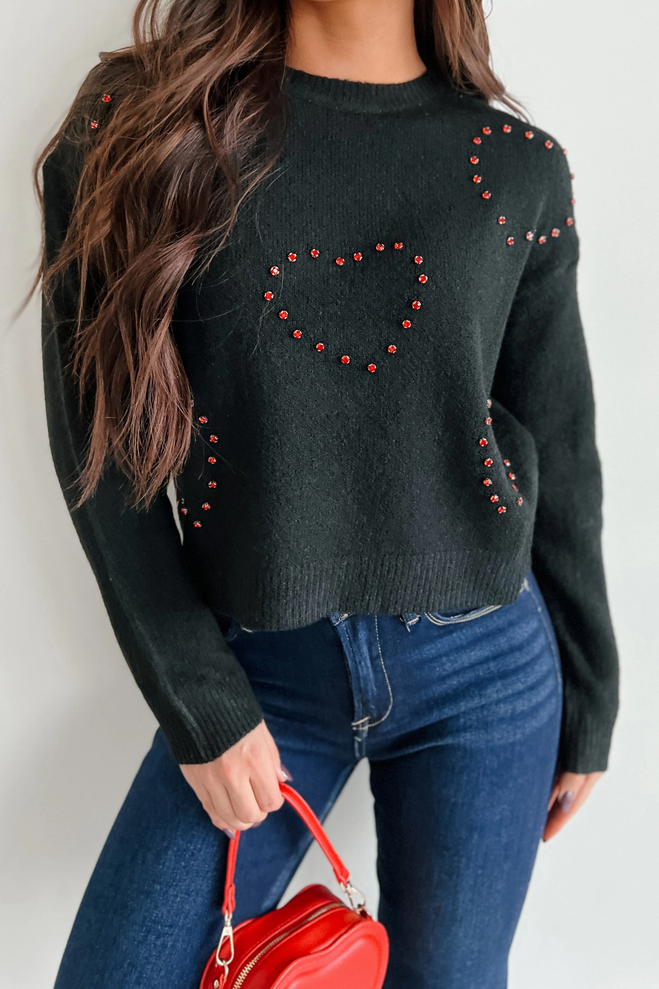AthleisureReady Soft Touch Texture Loved You Forever Rhinestone Heart Sweater (Black)