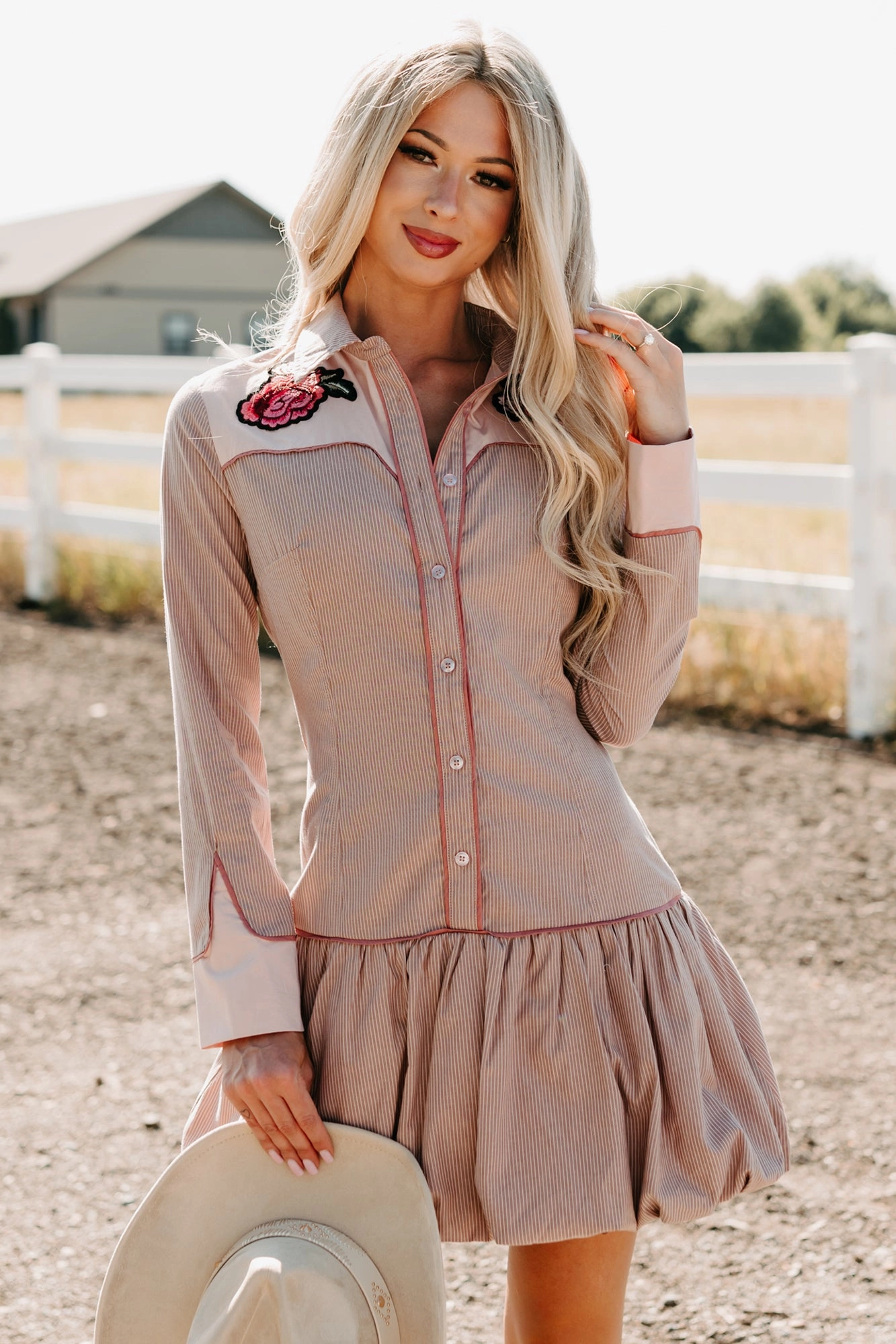 Loving Loud Embroidery Stripe Mini Dress (Mauve/Multi) Contrasting Detail