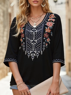 Cotton V-Neck Plus Size Embroidered Blouse | Black and Brown Pocket Reinforcement