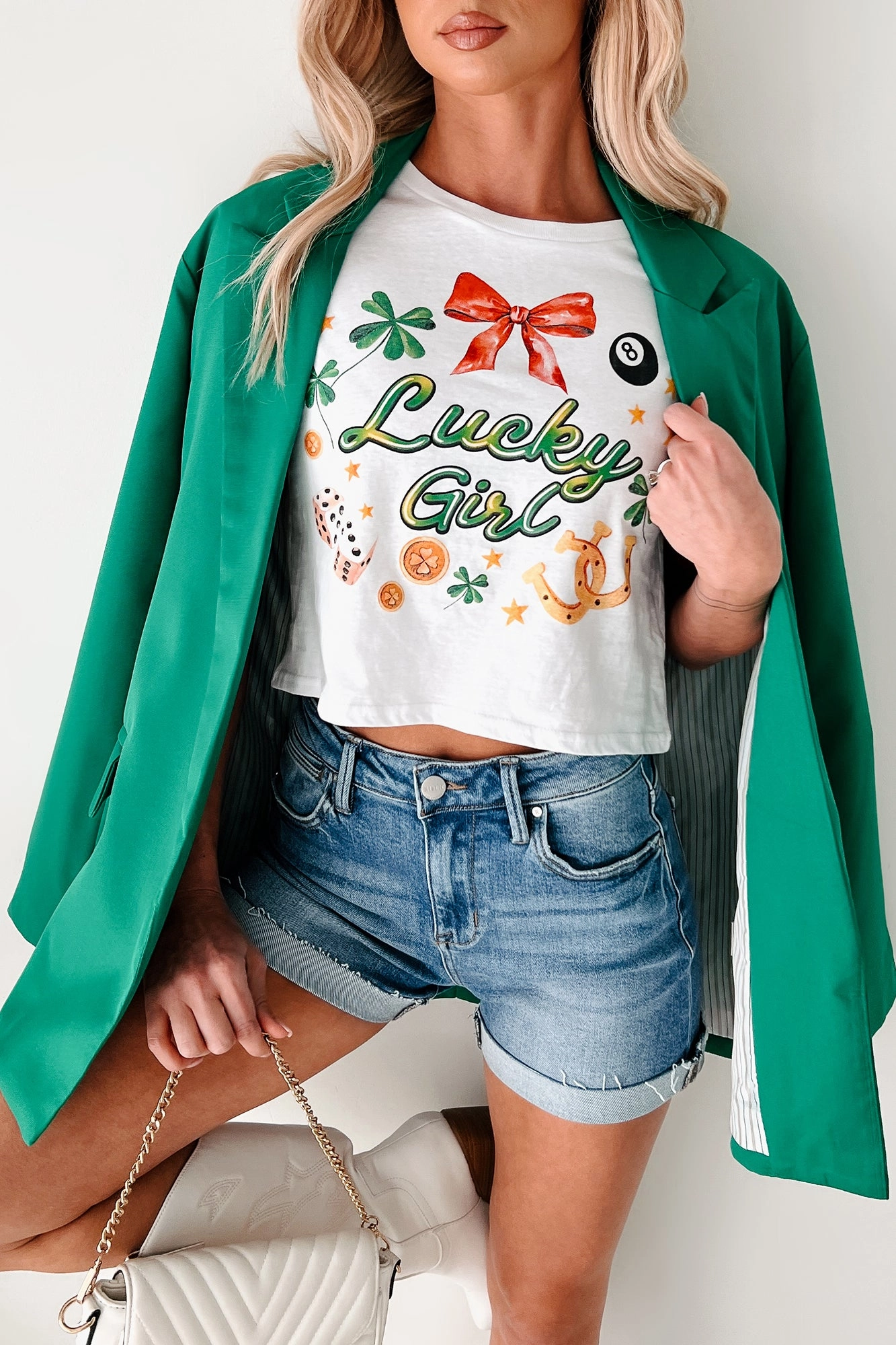 Lightweight Blouse Lucky Girl Graphic Cropped T-Shirt (White)