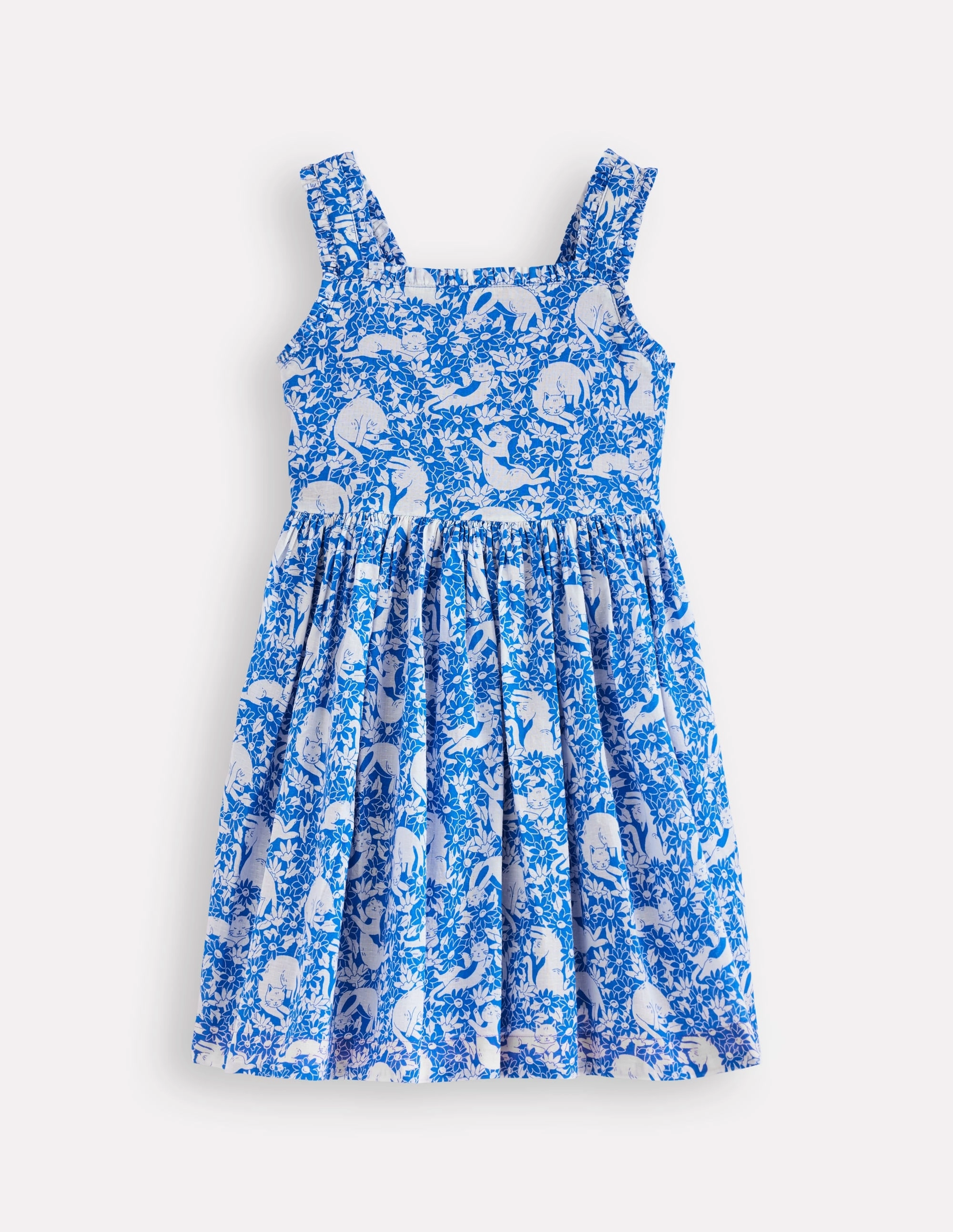 Limited-Edition Hand-Wash Luna Frill Strap Woven Dress-Kingfisher Blue Kitten Meadow