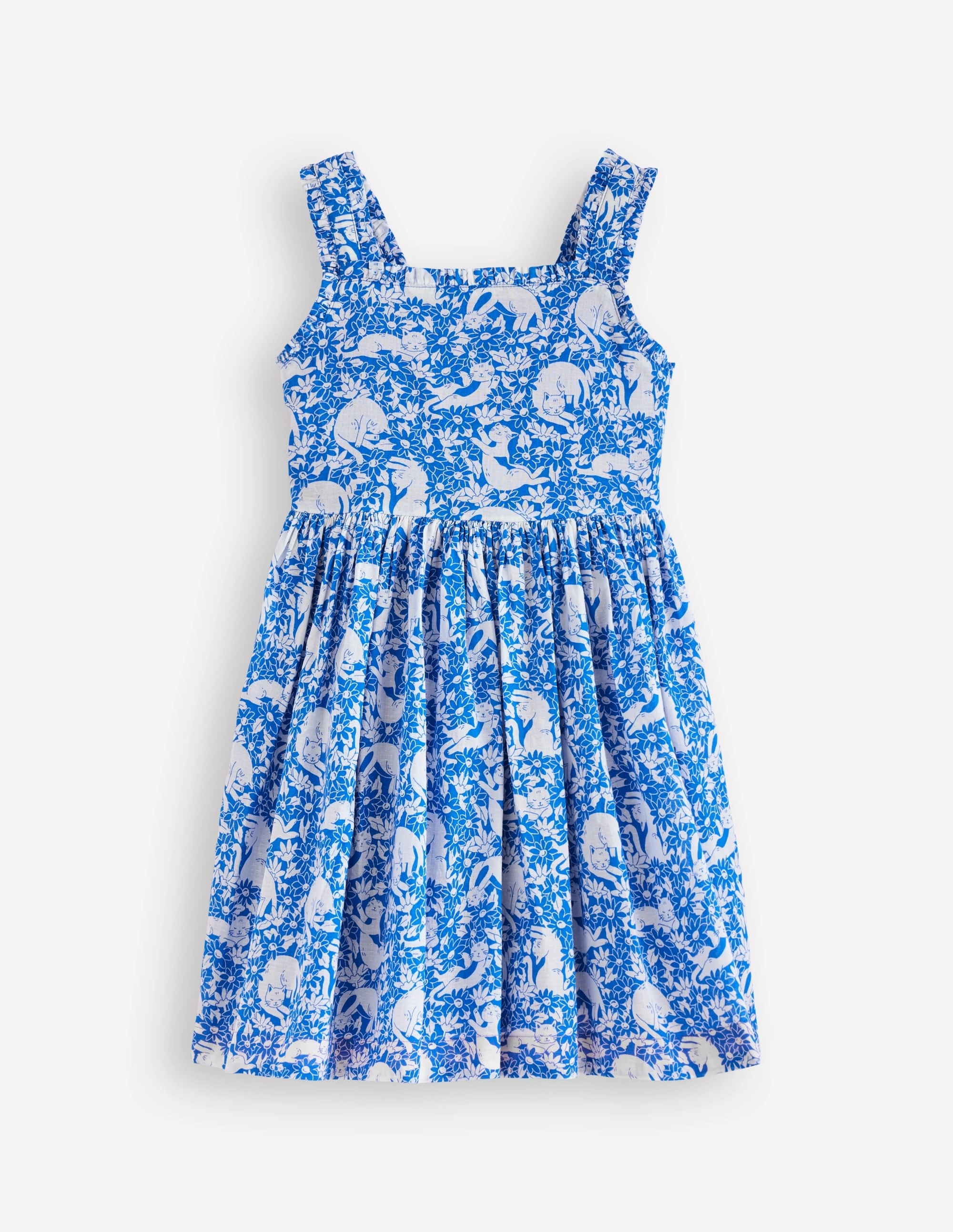 Luna Frill Strap Woven Dress-Kingfisher Blue Kitten Meadow Non-Iron Stain-Guard-Finish