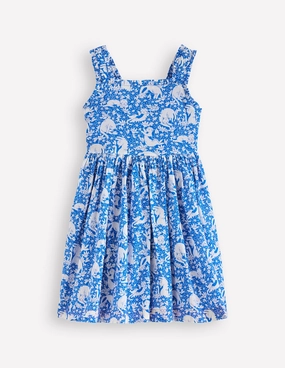 Limited-Edition Hand-Wash Luna Frill Strap Woven Dress-Kingfisher Blue Kitten Meadow
