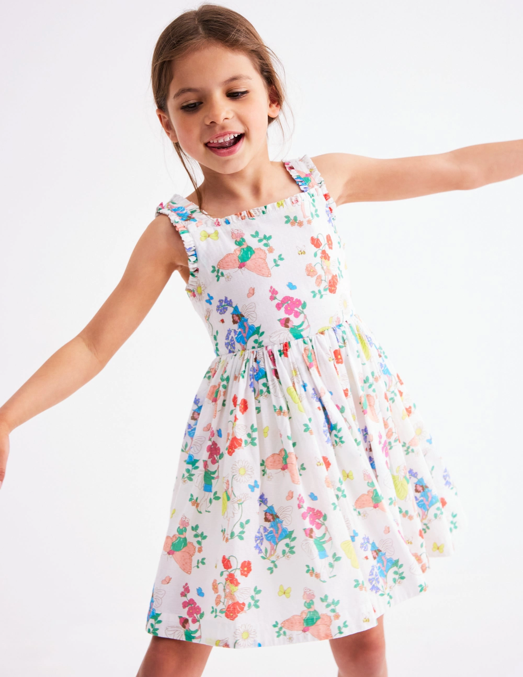 Luna Frill Strap Woven Dress-Multi Flower Fairy Wide Swing