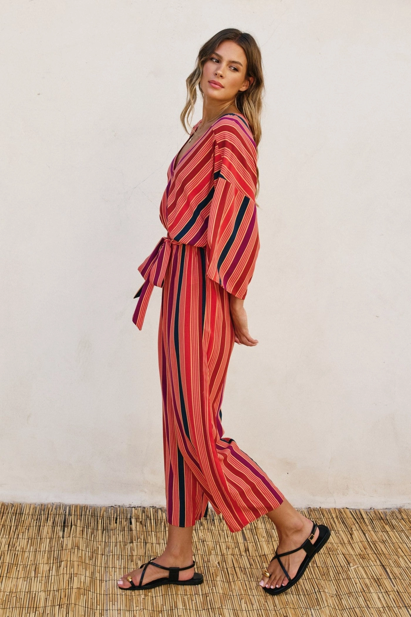 Loose Premium LUNARIA TRIPED KIMONO SURPLICE JUMPSUIT