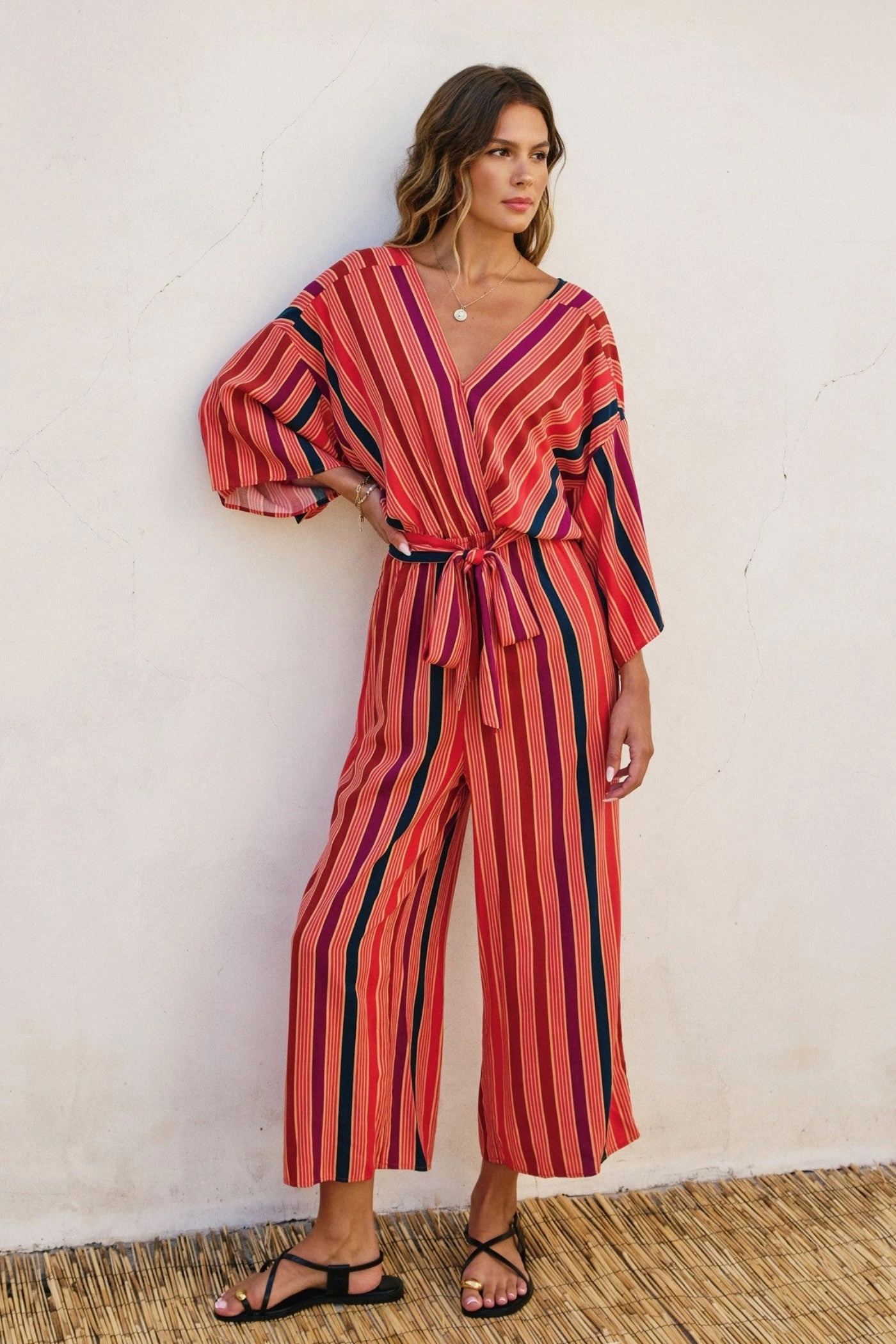 Cool Trendy LUNARIA TRIPED KIMONO SURPLICE JUMPSUIT